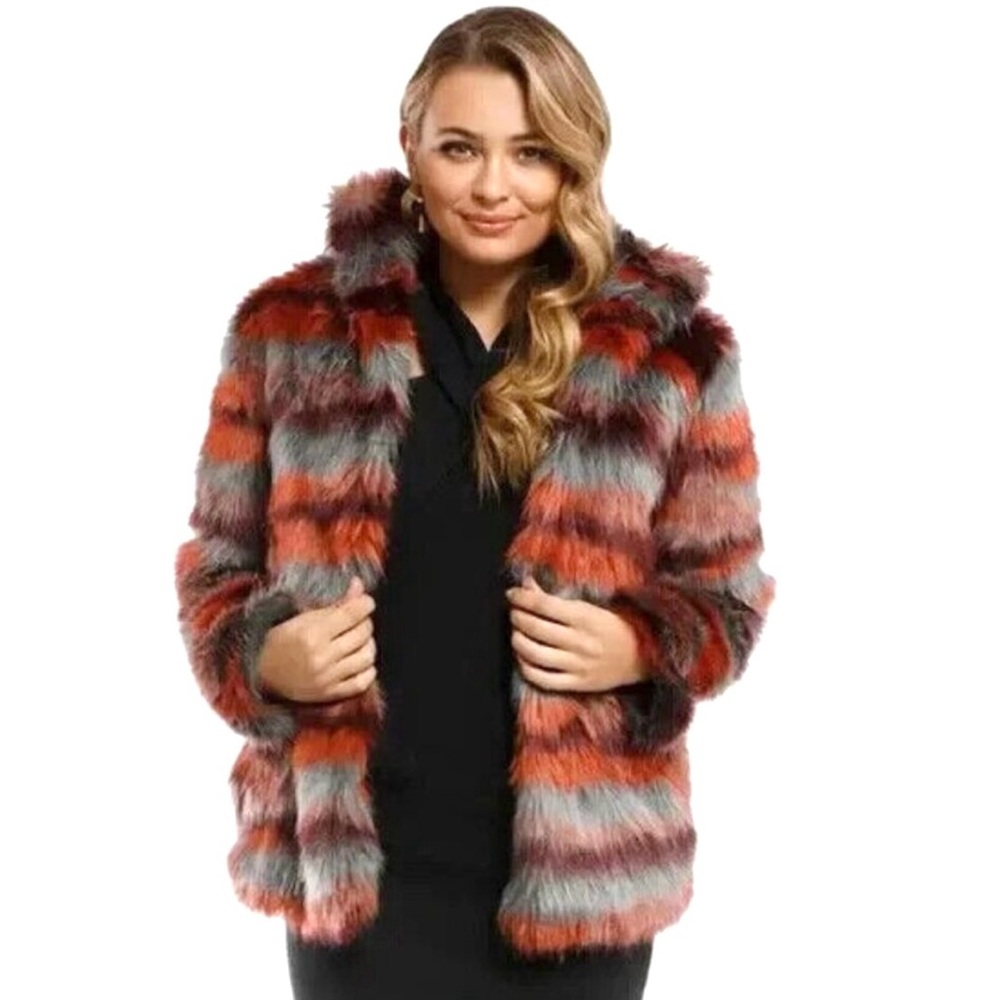 SAYLOR Wendy Mob Boss Faux Fur Coat Plush Striped Statement Jacket Fuzzy Size S